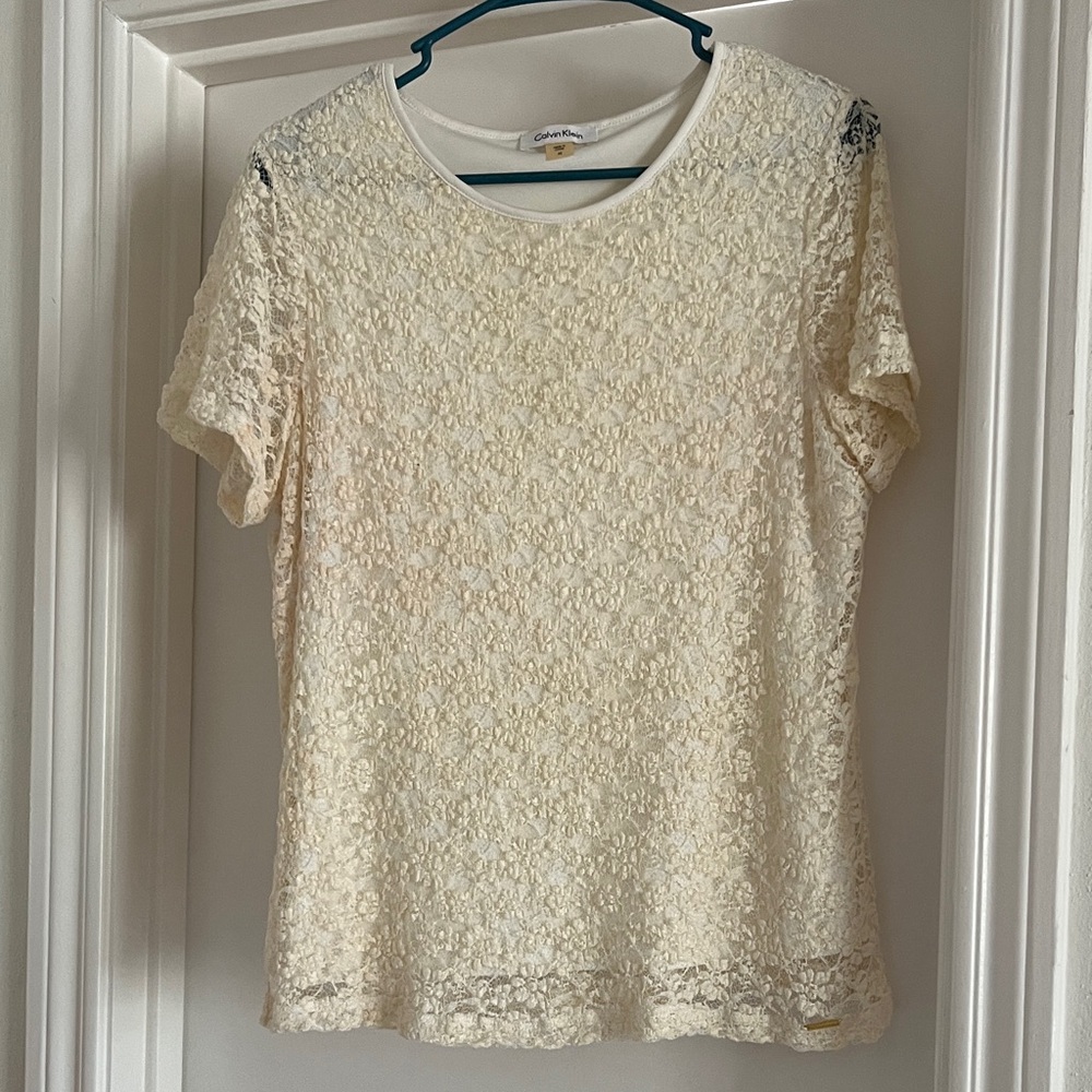 Calvin Klein Cream Lace Short Sleeve Blouse